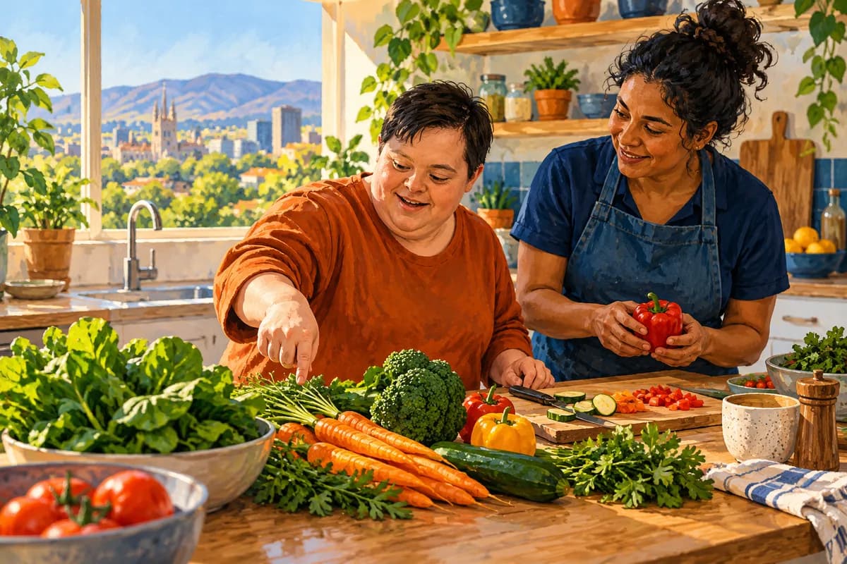 Illustration: an adult preparing vegetables with support in a sunny home kitchen.