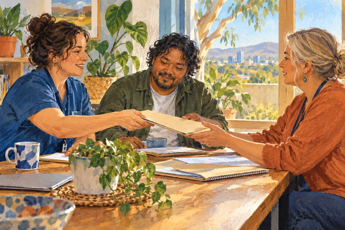 Illustration: an adult discussing a support handover with two workers.