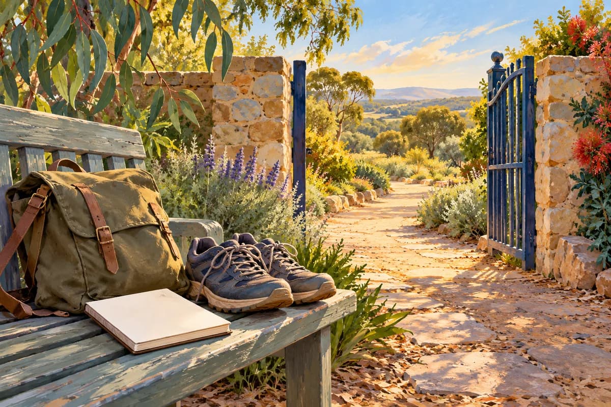 Illustration: walking shoes and a work bag beside an open garden gate.
