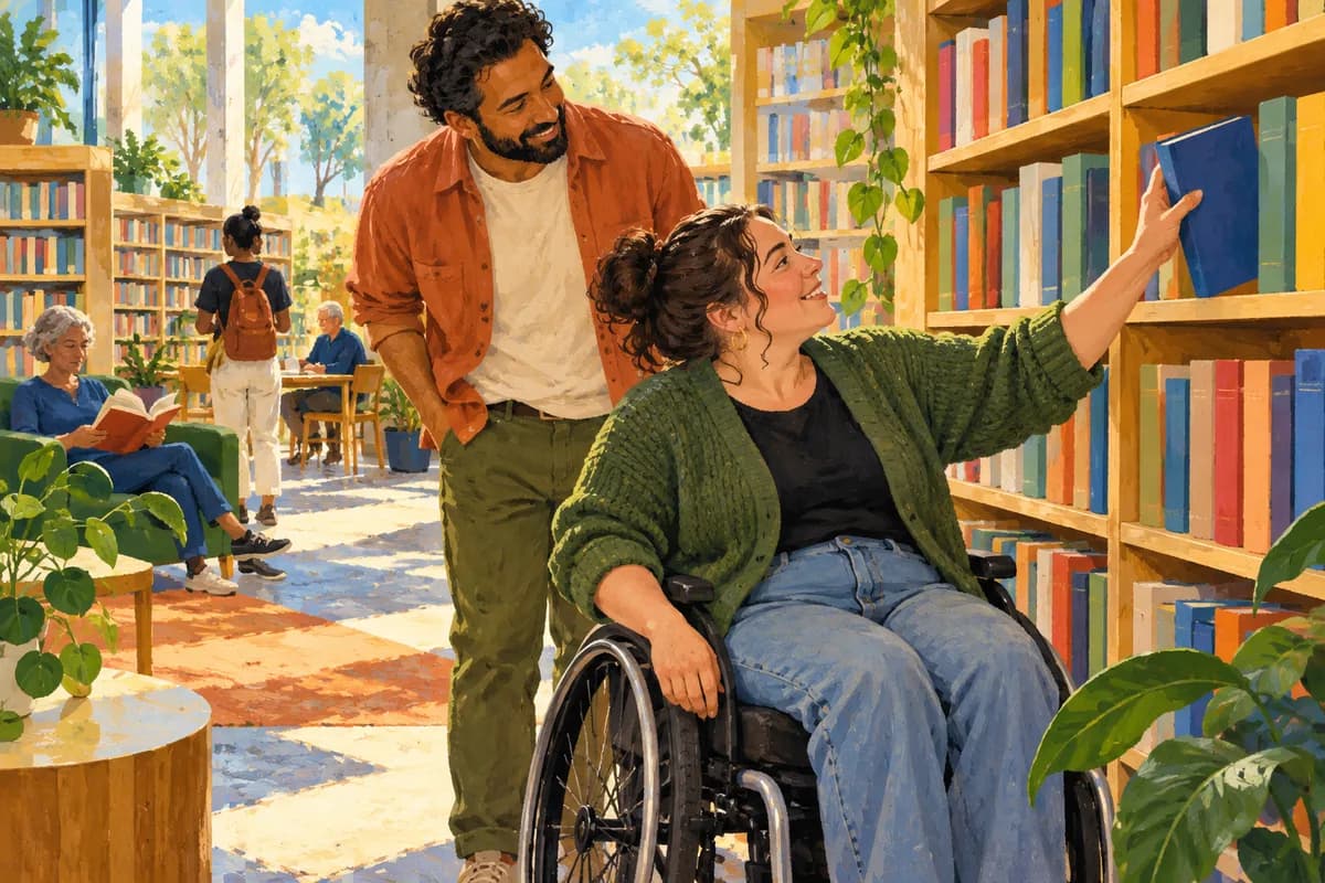 Illustration: an adult choosing a library book with a companion nearby.