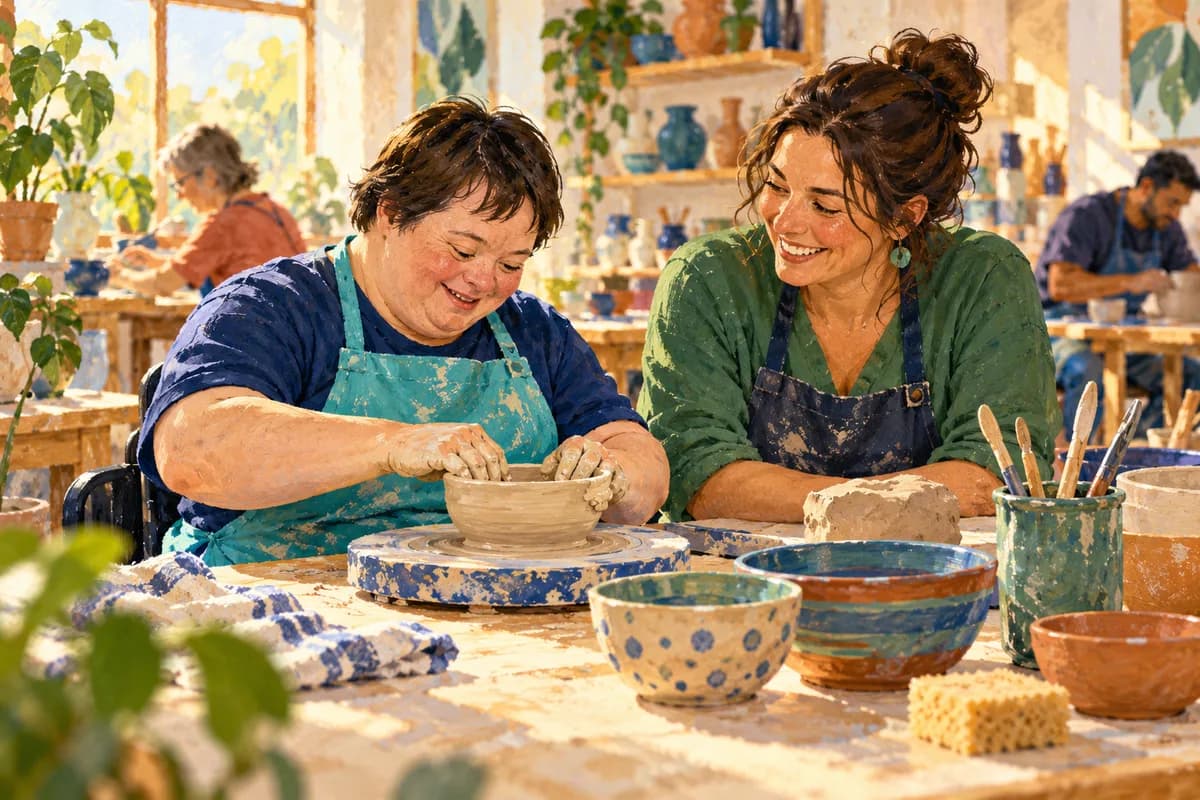 Illustration: adults shaping clay together at a pottery class.
