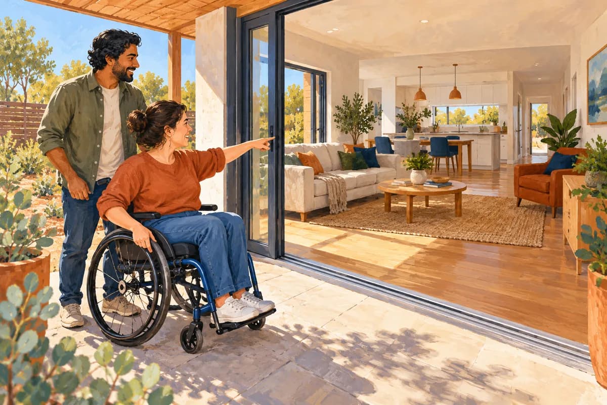 Illustration: an adult viewing a step-free home with a trusted person.