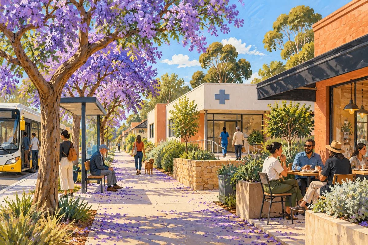 Illustration: a welcoming Adelaide neighbourhood with local community services.