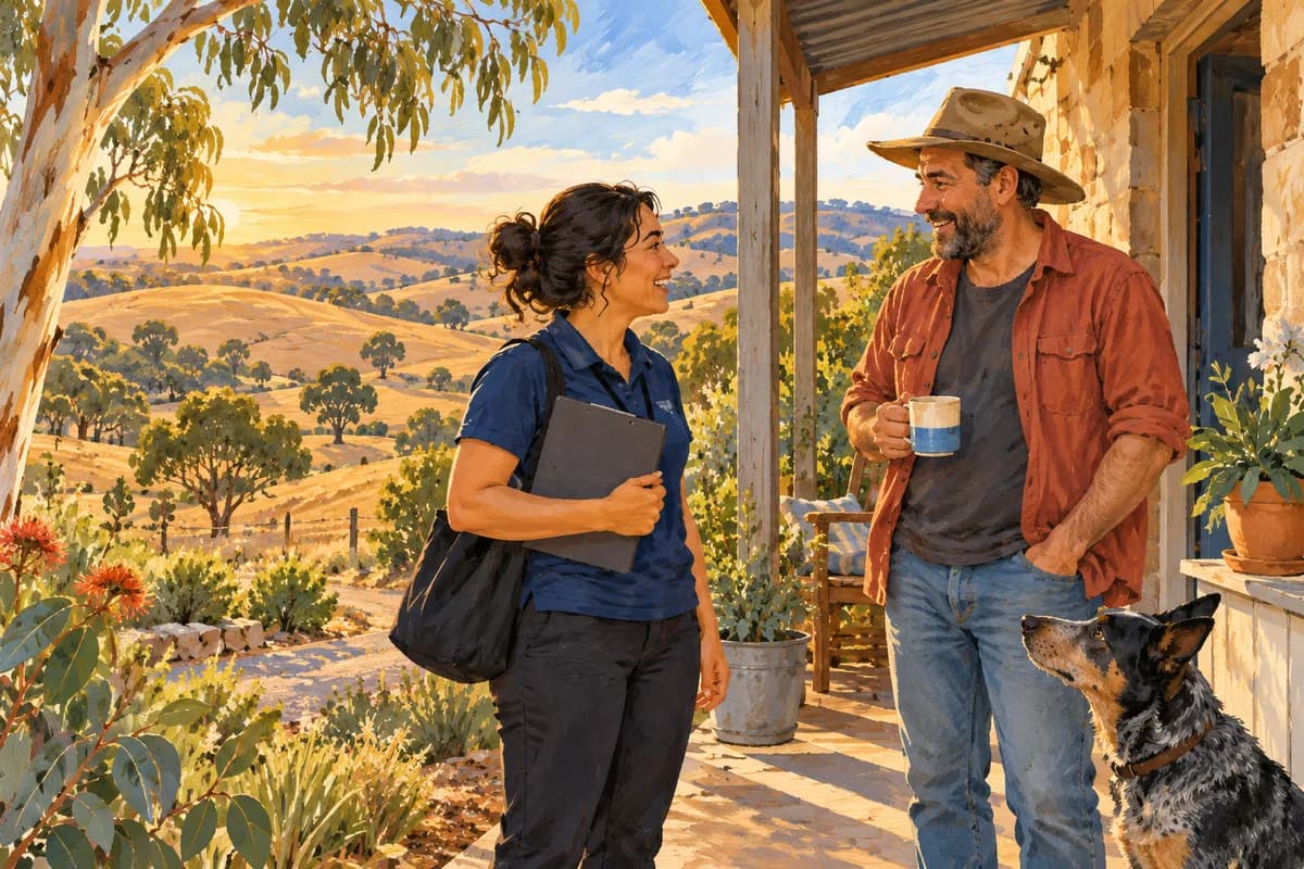 Illustration: an adult meeting a support worker outside a regional South Australian home.