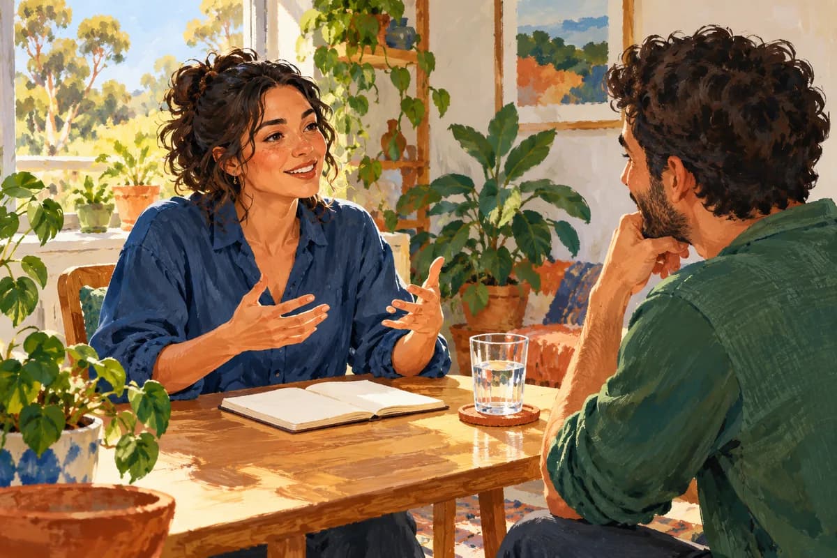 Illustration: an adult practising an interview with a friend at home.