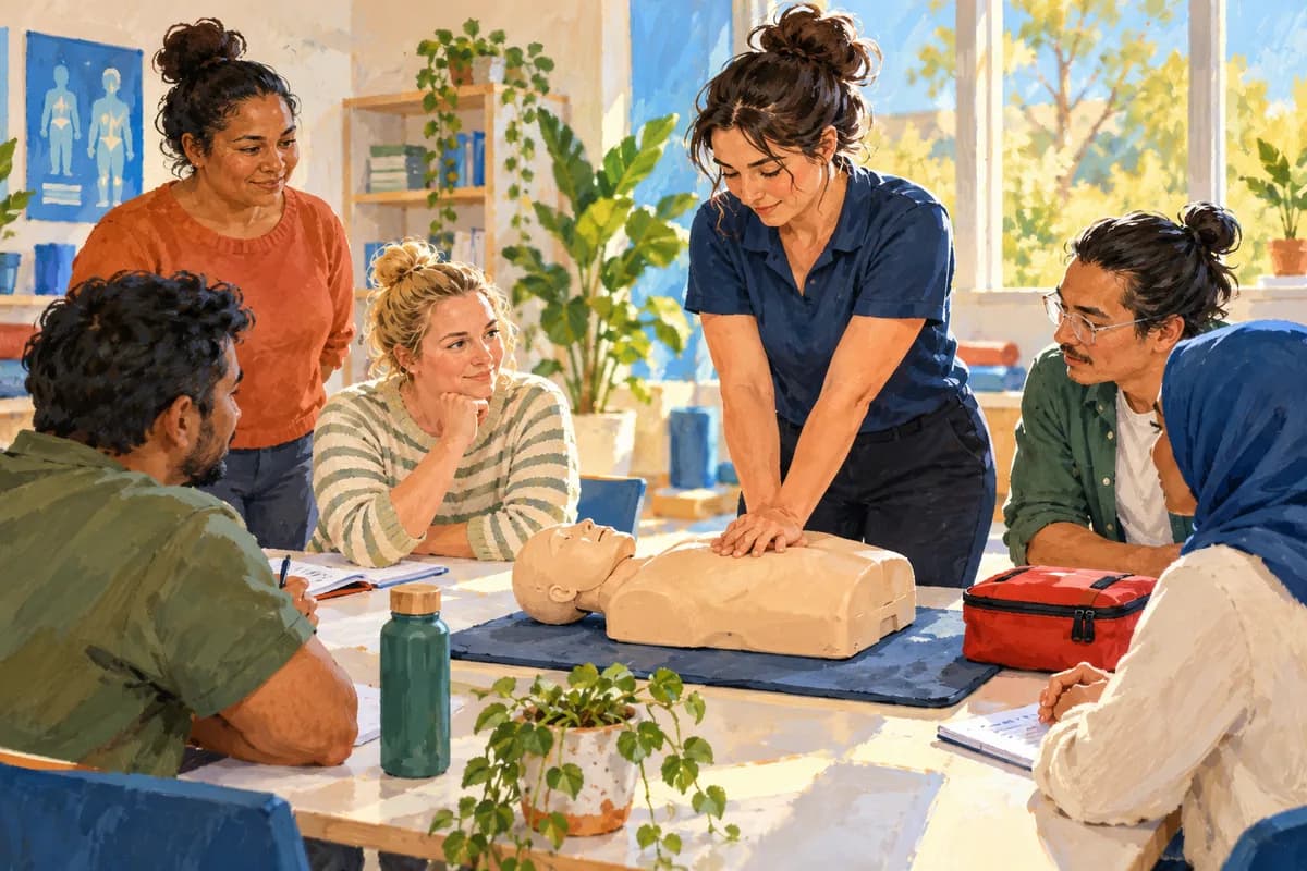 Illustration: support workers taking part in practical first-aid training.