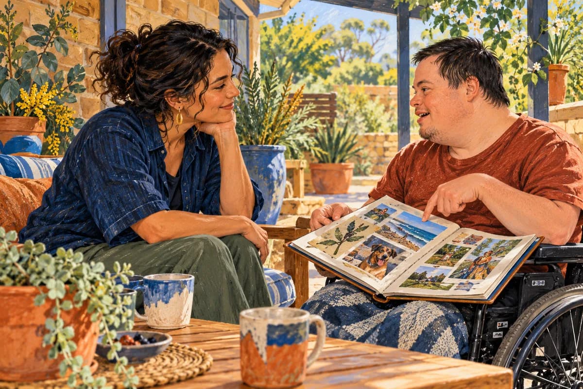 Illustration of a support worker listening as a person shares a scrapbook of their interests