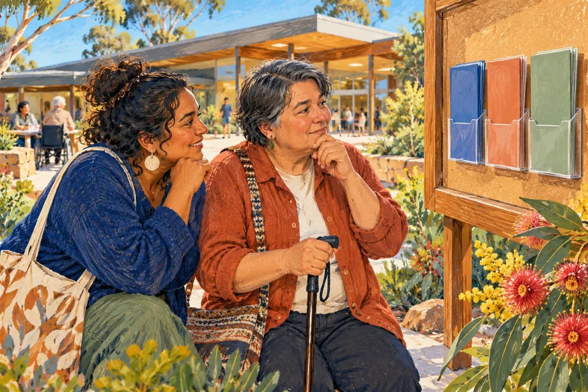 Illustration of a person and companion choosing brochures at a community information board
