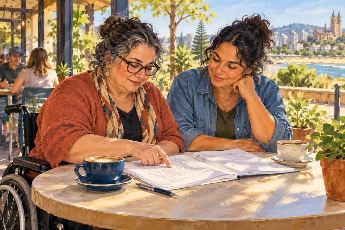 Illustration: a woman and supporter discussing a service agreement at a café table.