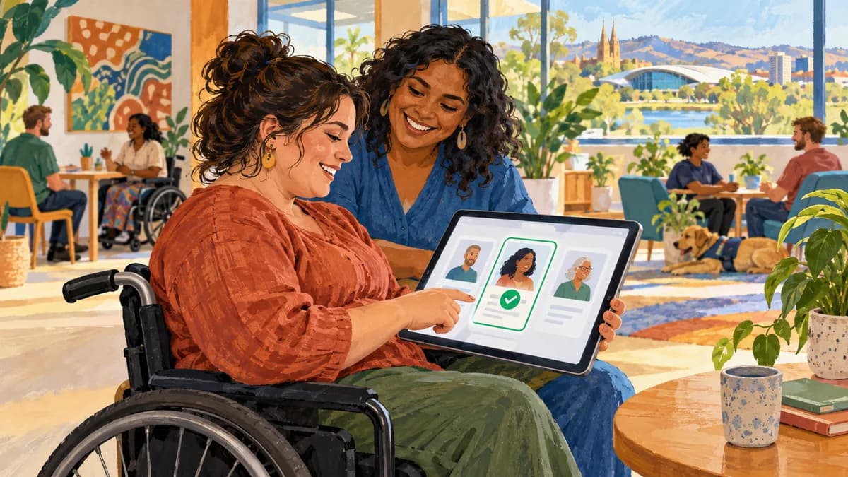 Illustration: a woman recording her chosen support provider on a tablet.