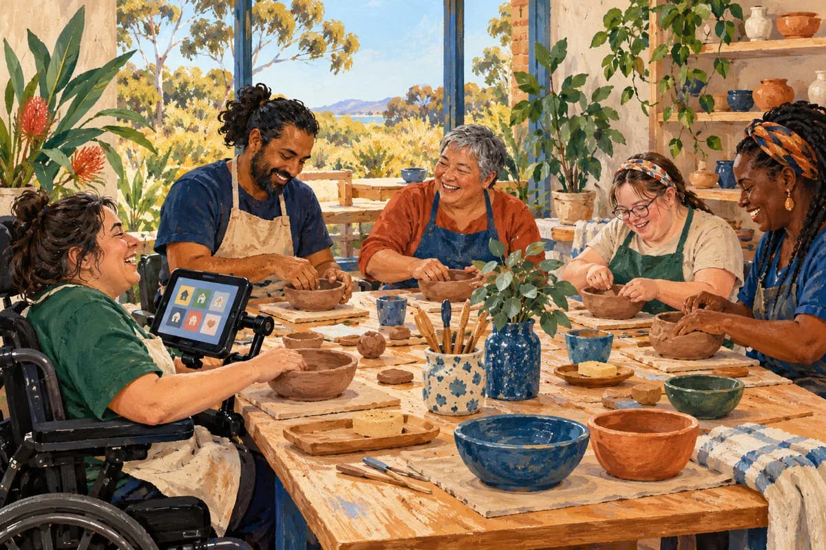 Illustration: adults enjoying a small inclusive pottery group.