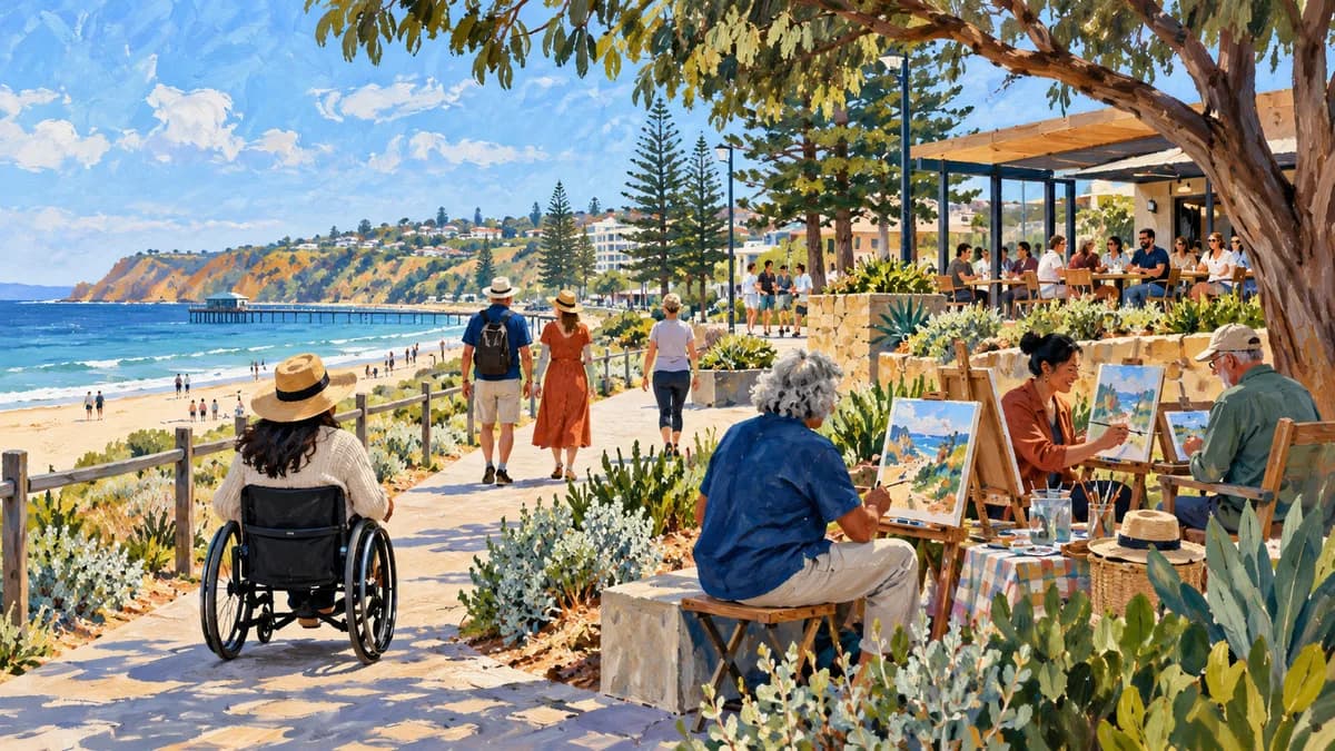 Illustration: adults enjoying art, a café and an accessible coastal path.