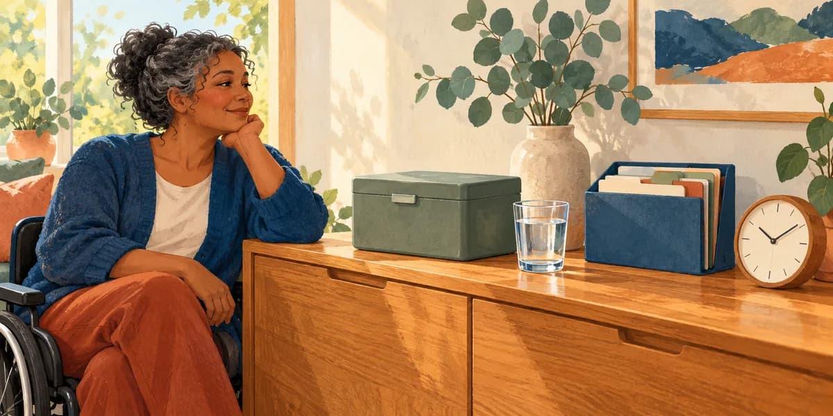 Illustration: an adult beside a closed medicine box, water, clock and organised record folder.