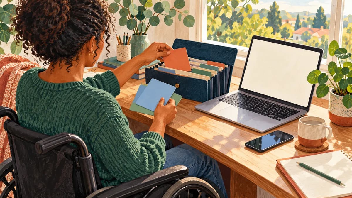 Illustration: a person organising question cards and documents beside a laptop.