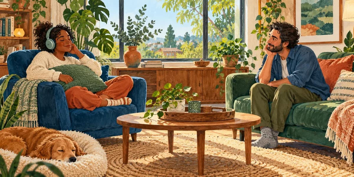 Illustration: two adults talking in a calm room with cushions and headphones.