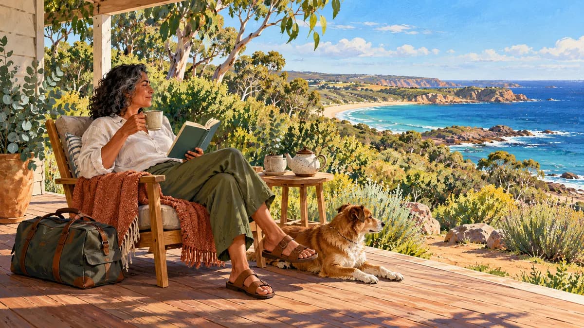 Illustration: a restful verandah with a book, tea and overnight bag.