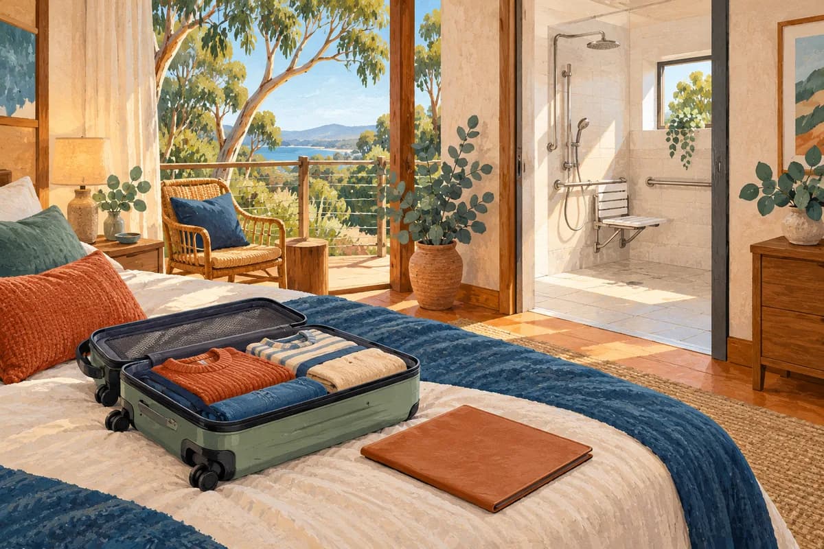 Illustration: a suitcase and booking folder in a bright accessible guest room.