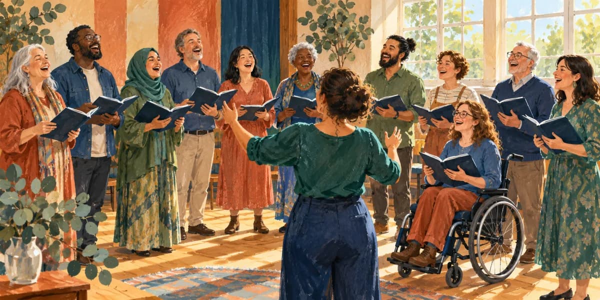 Illustration: a diverse community choir sharing a sunny local hall.