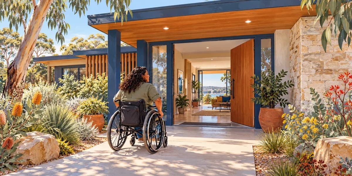 Illustration: an adult approaching an accessible home with a level entrance.