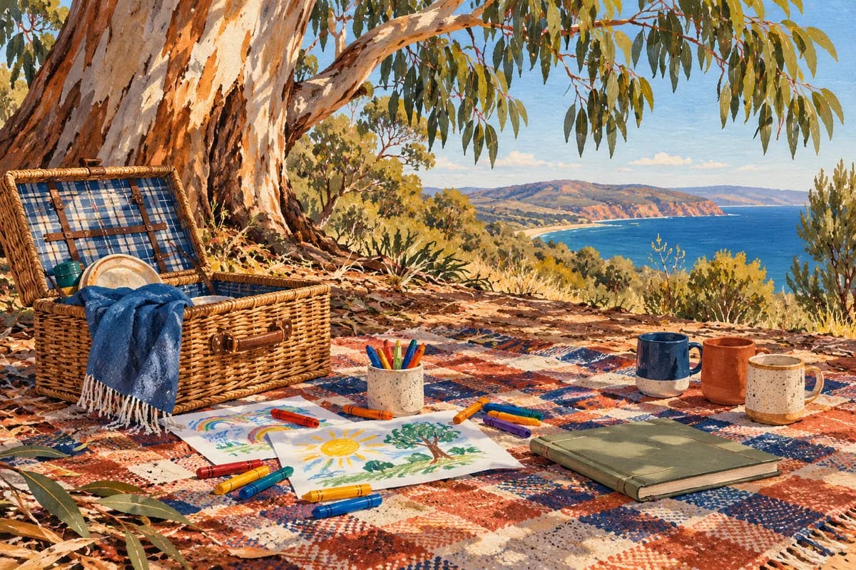 Illustration: a family picnic rug with a basket, drawing materials and a study notebook.