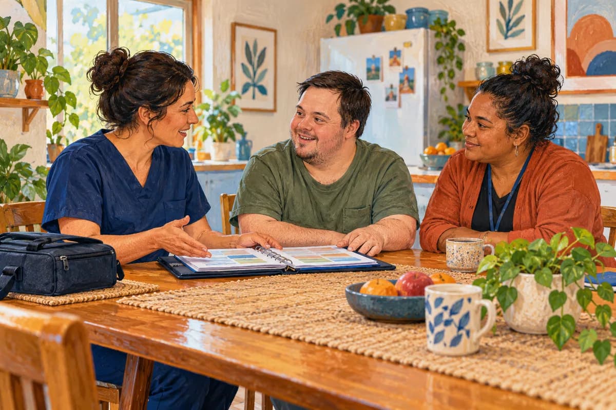 Illustration of a community nurse and support worker discussing care with a person at home