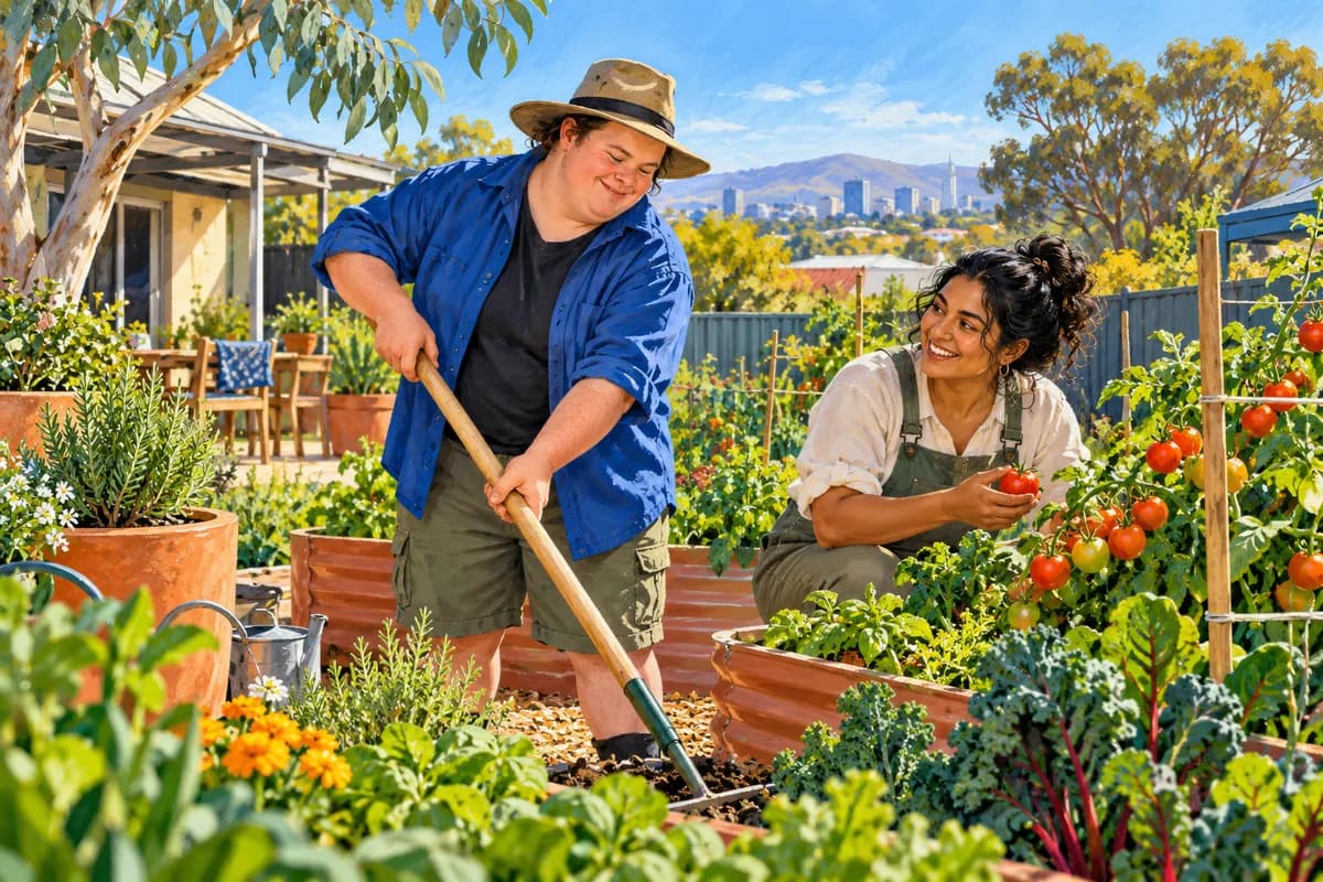 Illustration of a gardener sharing their skills while tending raised vegetable beds