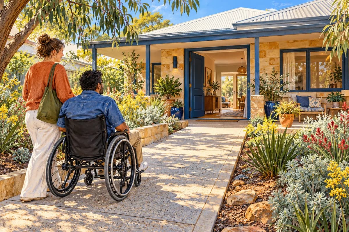 Illustration of a wheelchair user viewing a home with a step-free entrance