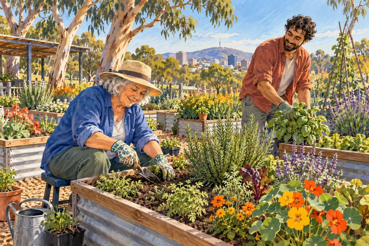 Illustration: adults enjoying gardening together in an accessible community garden.