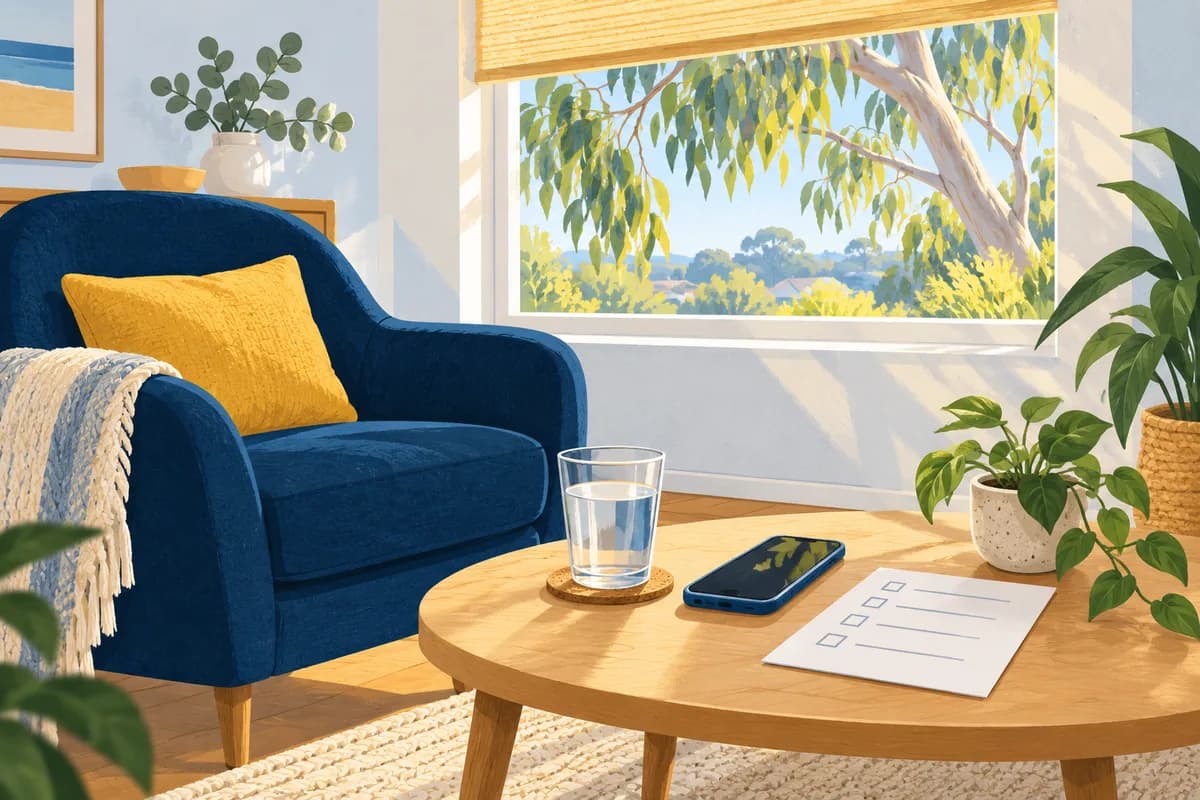 Illustration of a shaded room with a phone, water and a support checklist