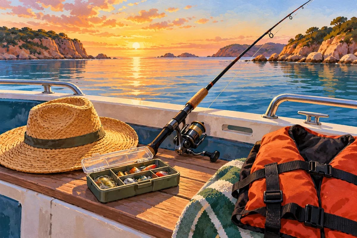 Illustration: fishing equipment and a life jacket beside calm coastal water.