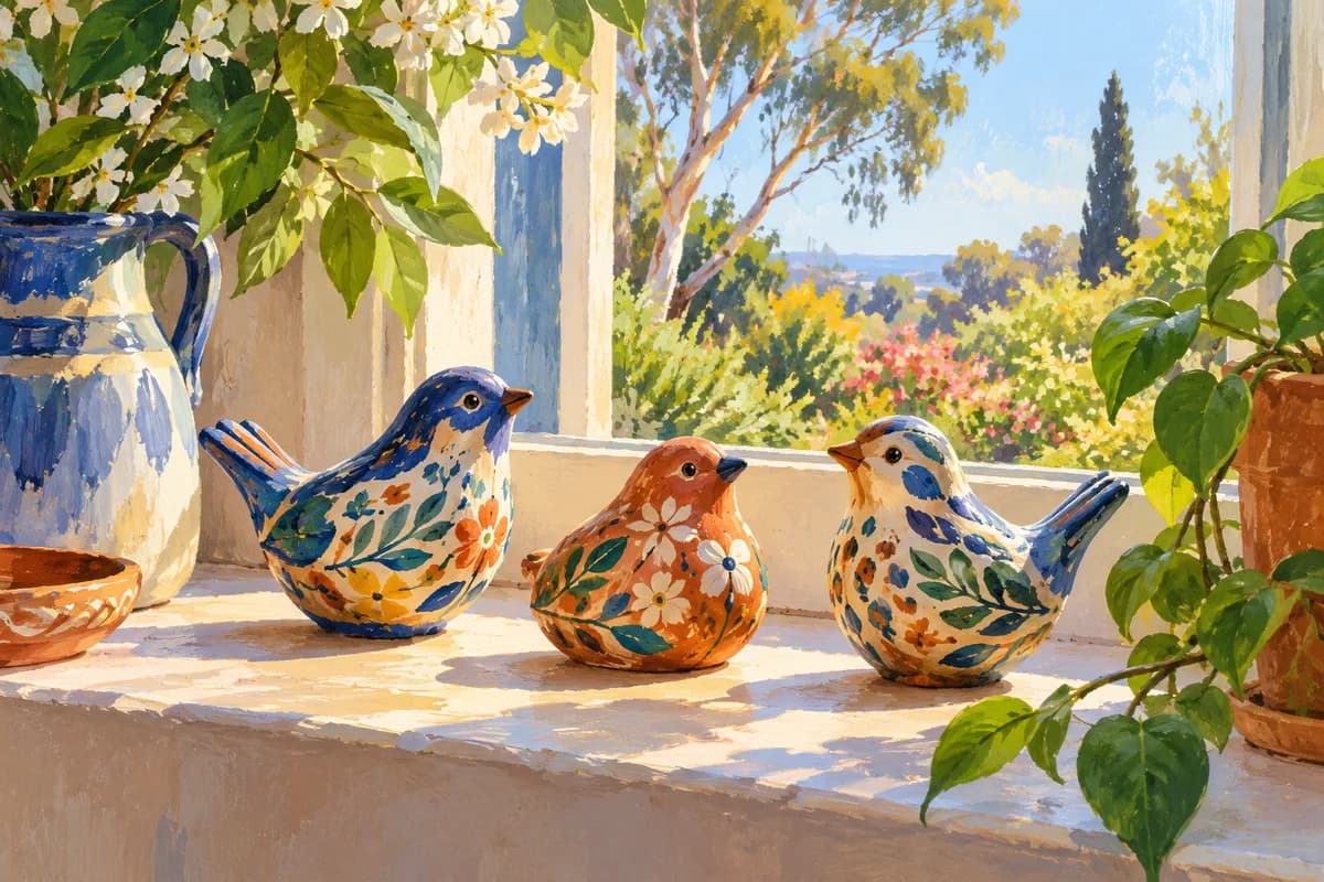 Illustration: three colourful clay birds together on a sunny windowsill.