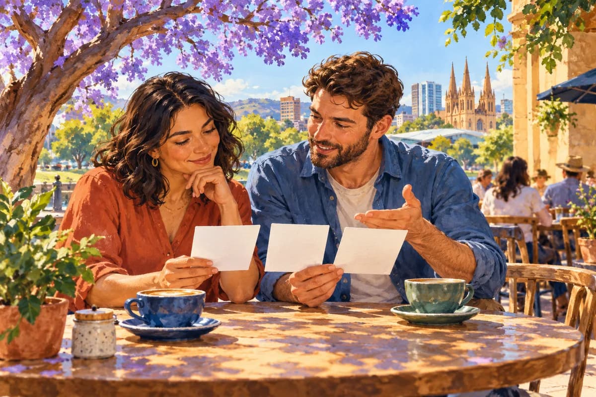 Illustration: two adults comparing support options at an outdoor cafe.
