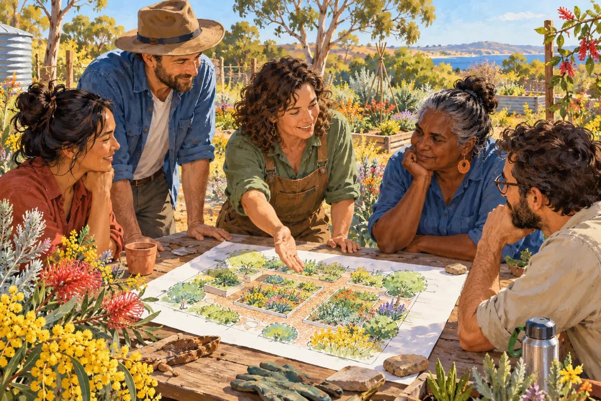 Illustration: neighbours sharing ideas around a community garden table.