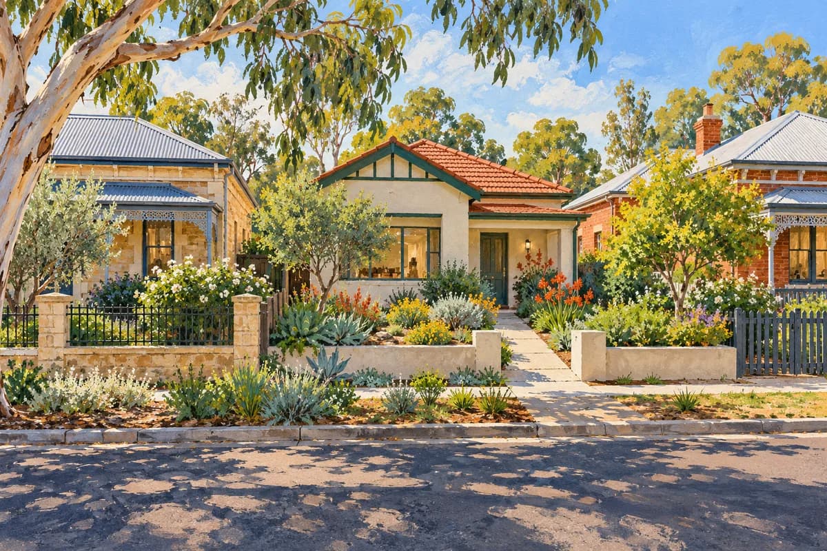 Illustration: different home styles along a leafy Adelaide street.