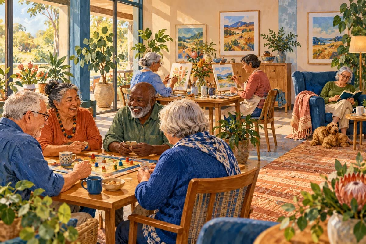 Illustration: adults enjoying games and painting in a welcoming day program.