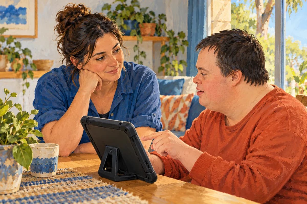 Illustration: a support worker listening to an adult using a communication tablet.