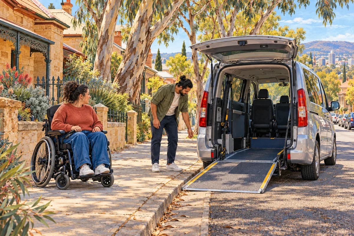 Illustration of a wheelchair user and support worker beside an accessible van