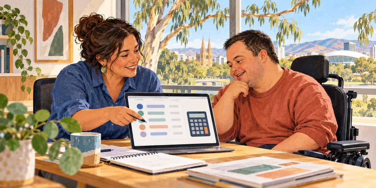 Illustration: a participant and provider exploring support prices together on a laptop.