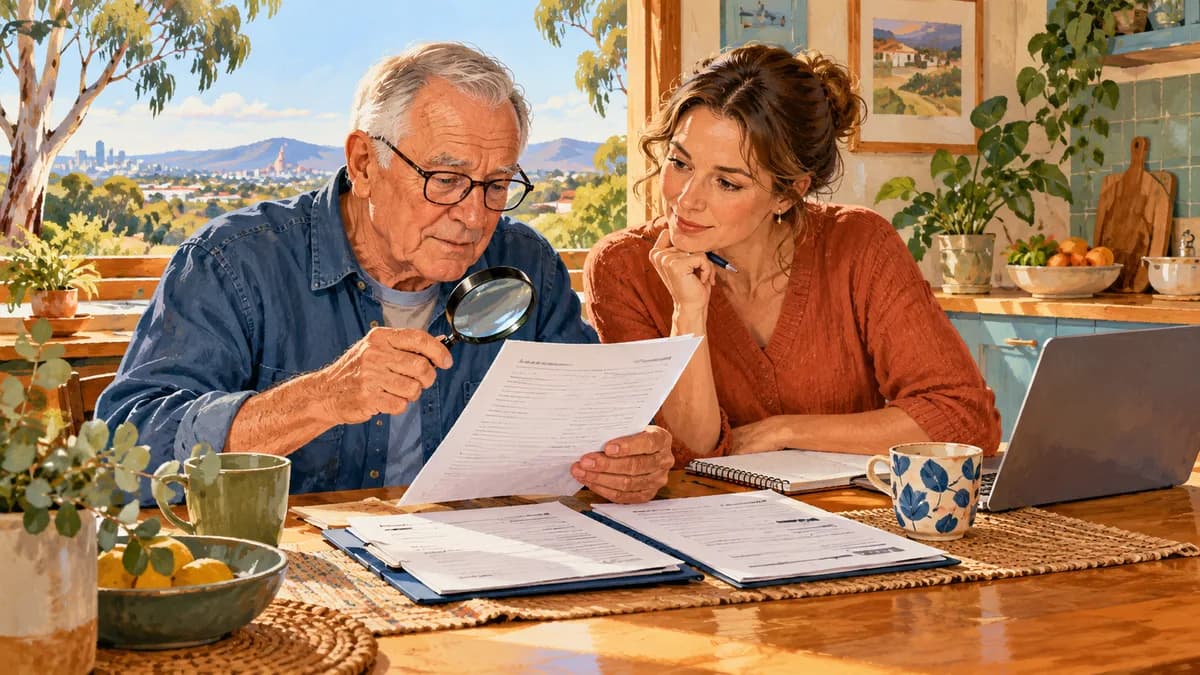 Illustration: two adults comparing a quote with a service agreement.