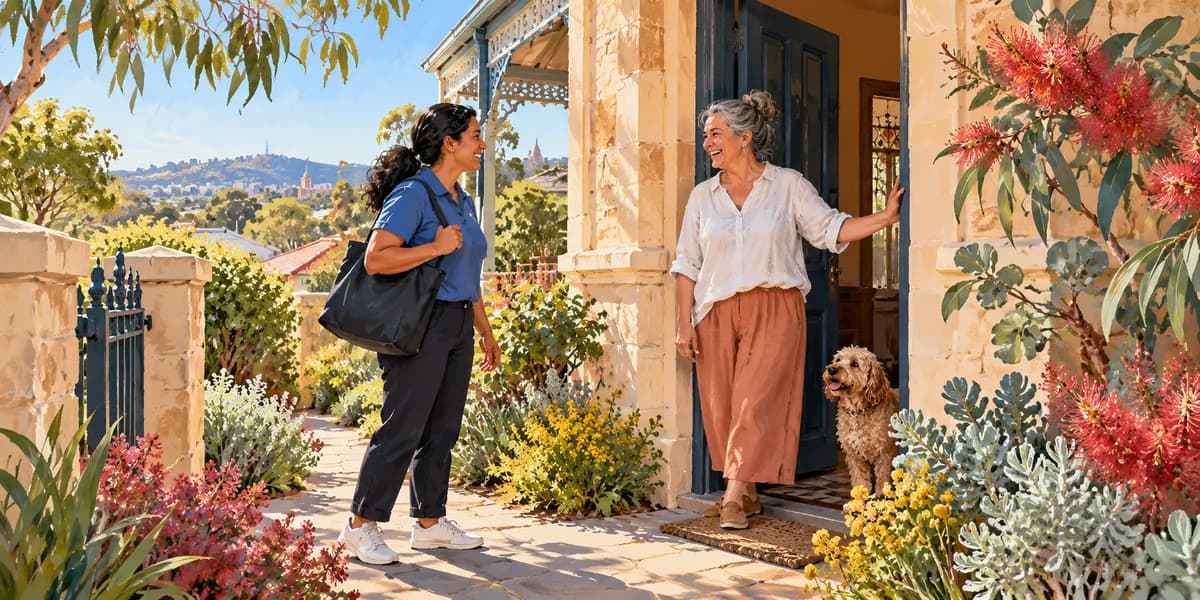 Illustration: a resident welcoming a support worker at an Adelaide home.