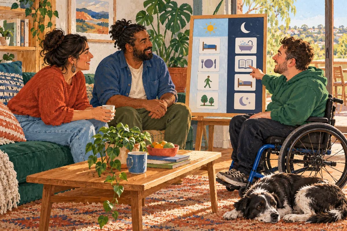 Illustration: adults discussing day and night support in a shared home.