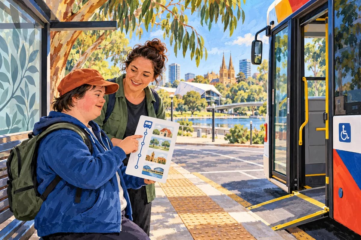 Illustration: an adult practising a local bus journey with support.