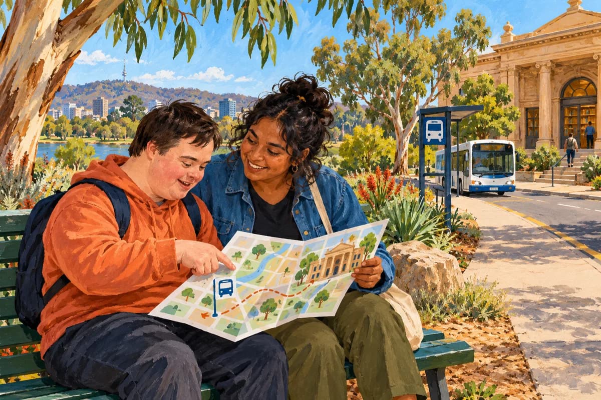 Illustration: two adults planning a trip to a local library activity.