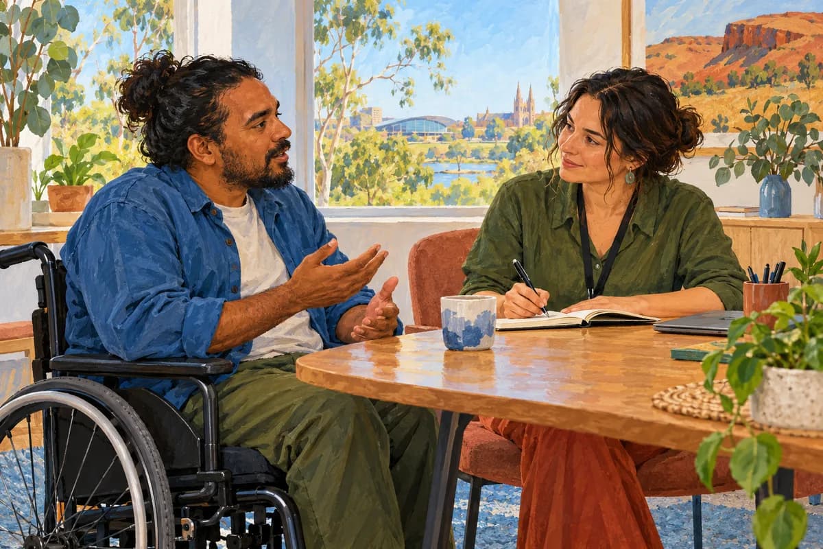 Illustration: an adult discussing a support concern with an advocate.