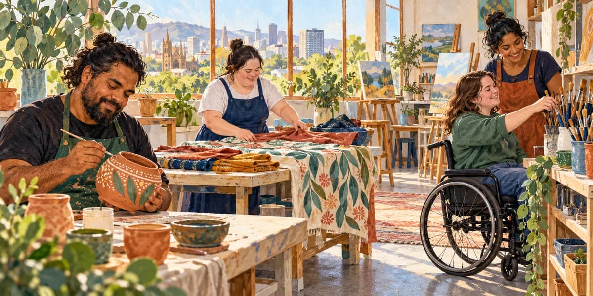 Illustration: adults choosing different creative activities in a sunny community art studio.