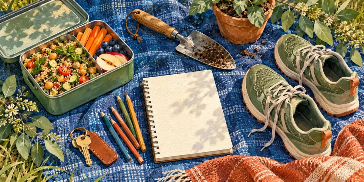 Illustration: everyday objects representing cooking, gardening, creativity and home life.