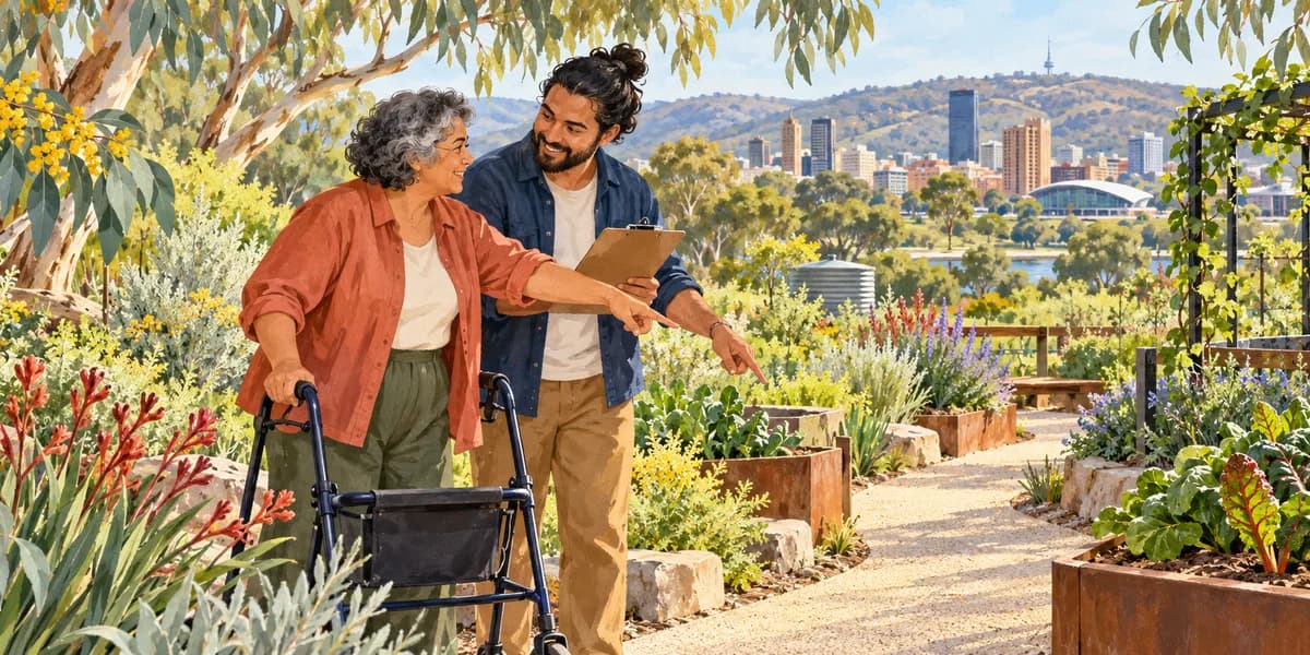 Illustration: two adults discussing a garden path, one using a walking aid.