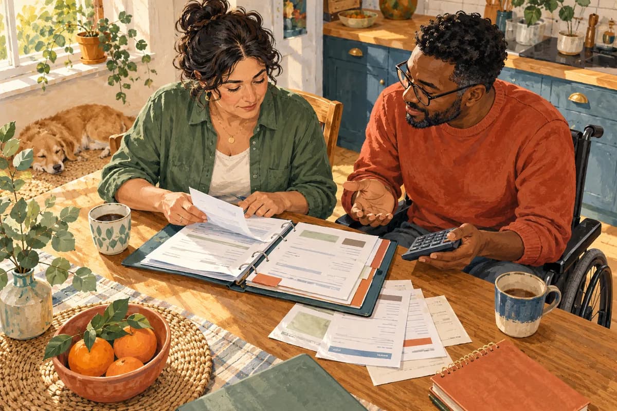 Illustration: two adults comparing invoices and a calculator at a kitchen table.