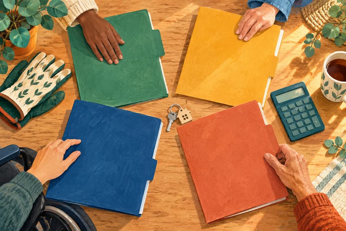 Illustration: four coloured folders beside a house key, gardening gloves and a calculator.