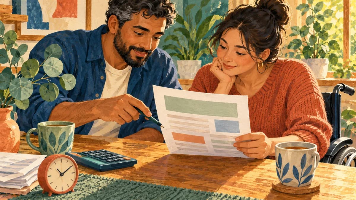 Illustration: two adults reviewing a support quote beside a clock and calculator.